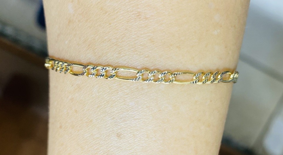 14K Solid Yellow Gold Diamond Cut Figaro Link Chain Bracelet7Inches 3.45GM