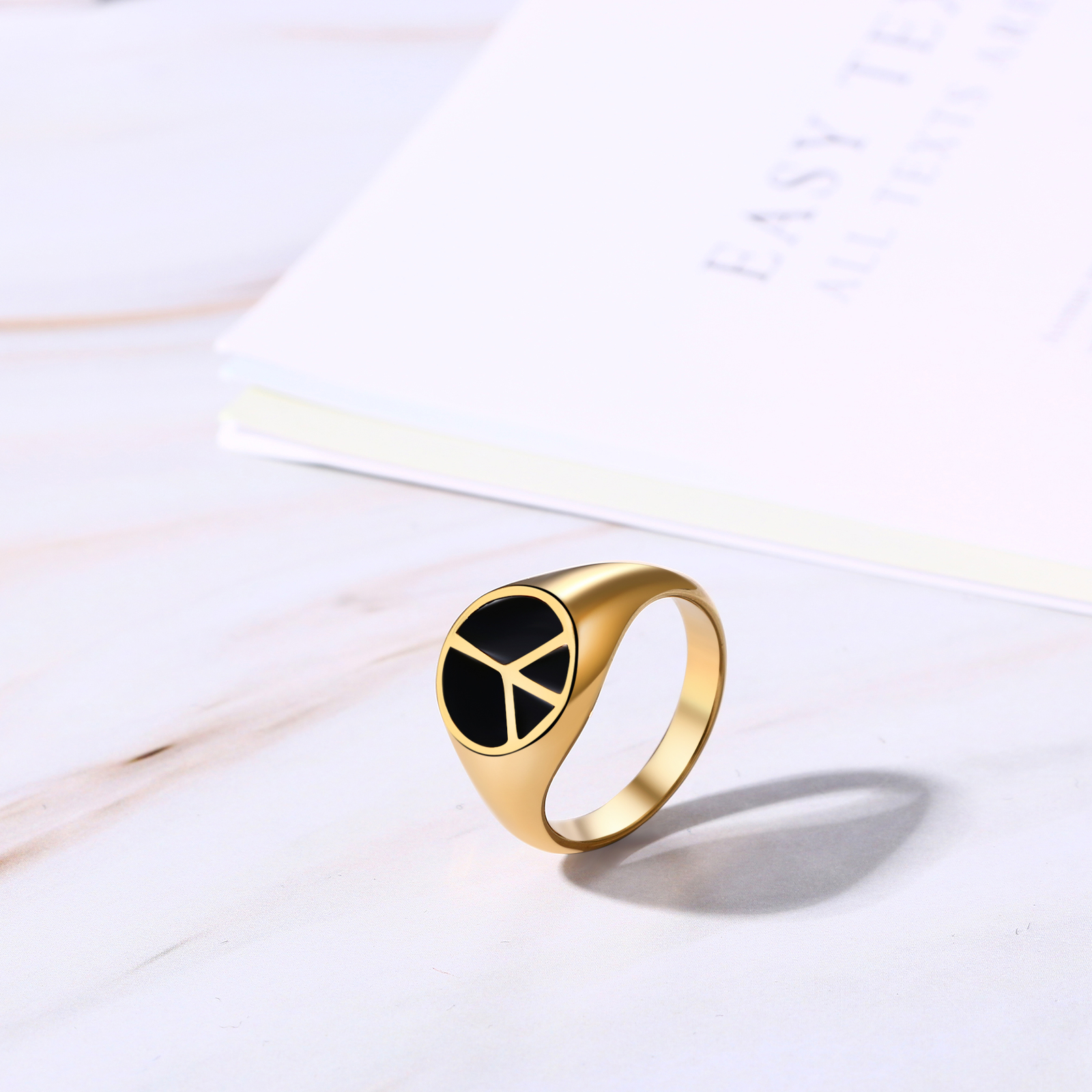 Men Gold Plated Stainless Steel Signet Ring Peace Sign Symbol No War Hippie Band