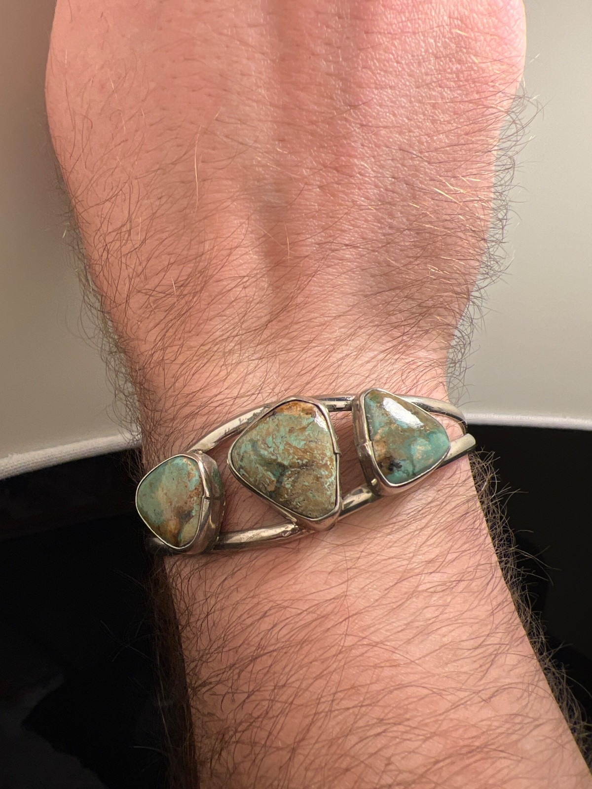 Real 3 Stone Turquoise, SW Alpaca Turquoise Cuff Adult- Medium Bracelet