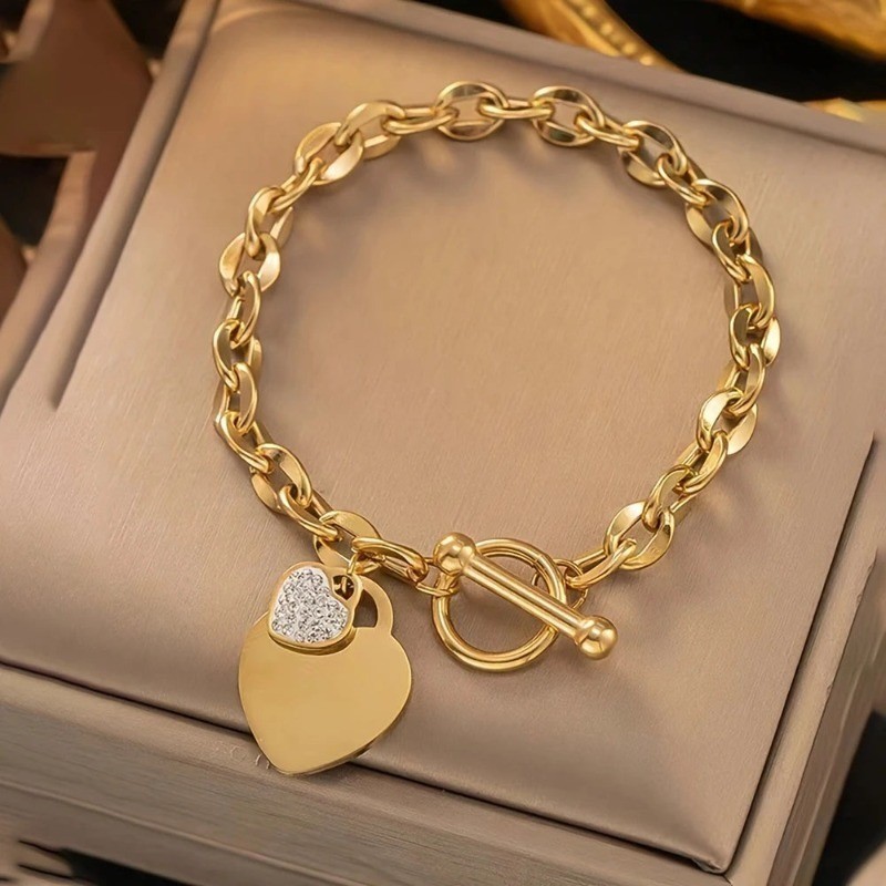 Women’s Heart Inlay Rhinestone Pendant Bracelet OT Buckle Titanium Steel Bracele