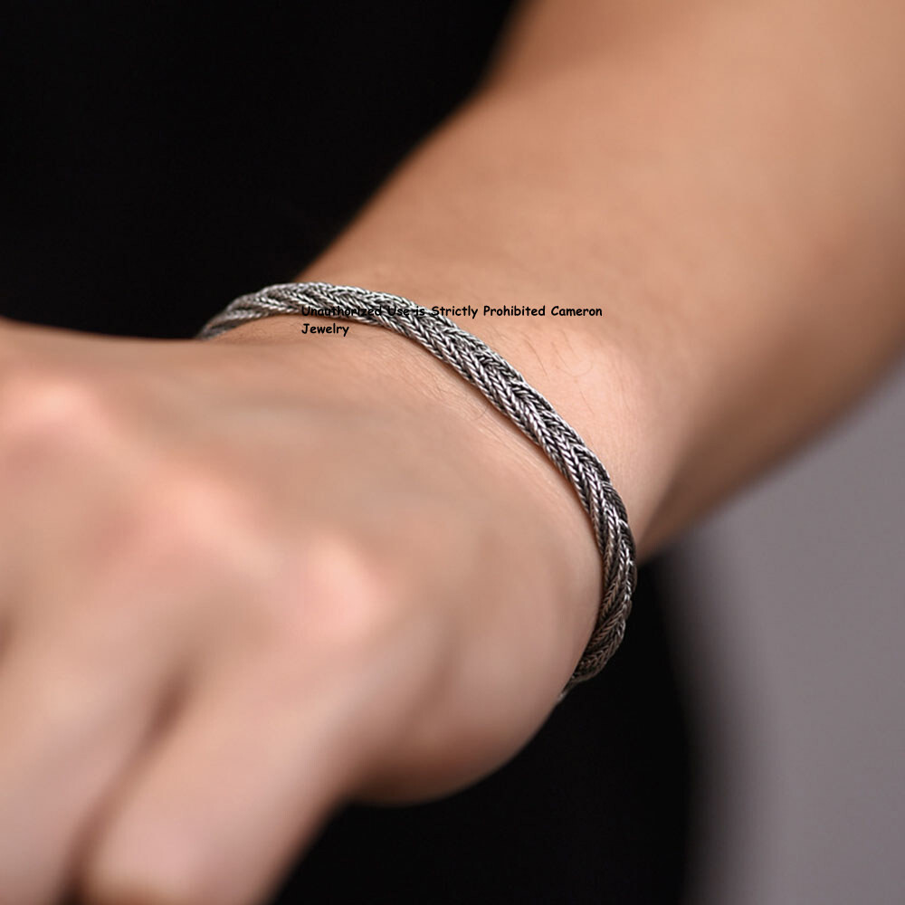 Pure S925 Sterling Silver Chain 5mm Braided Wheat Link Bracelet 7.1-9.5inch L
