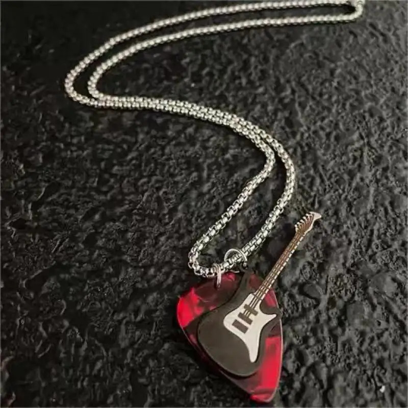 Hip Hop Guitar Pendant Necklace Titanium Steel Vintage Electric Guitar Sweater C