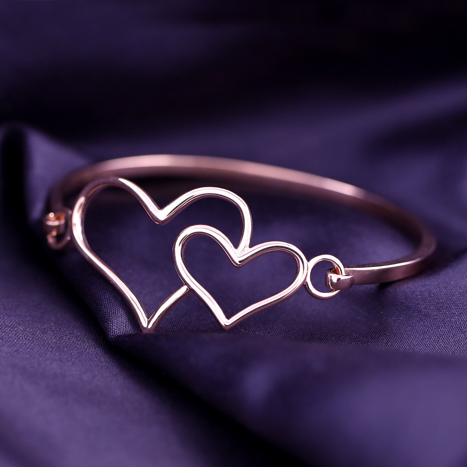 Double Heart One Love 14K Rose Gold Plated Sterling Silver Bangle Bracelet