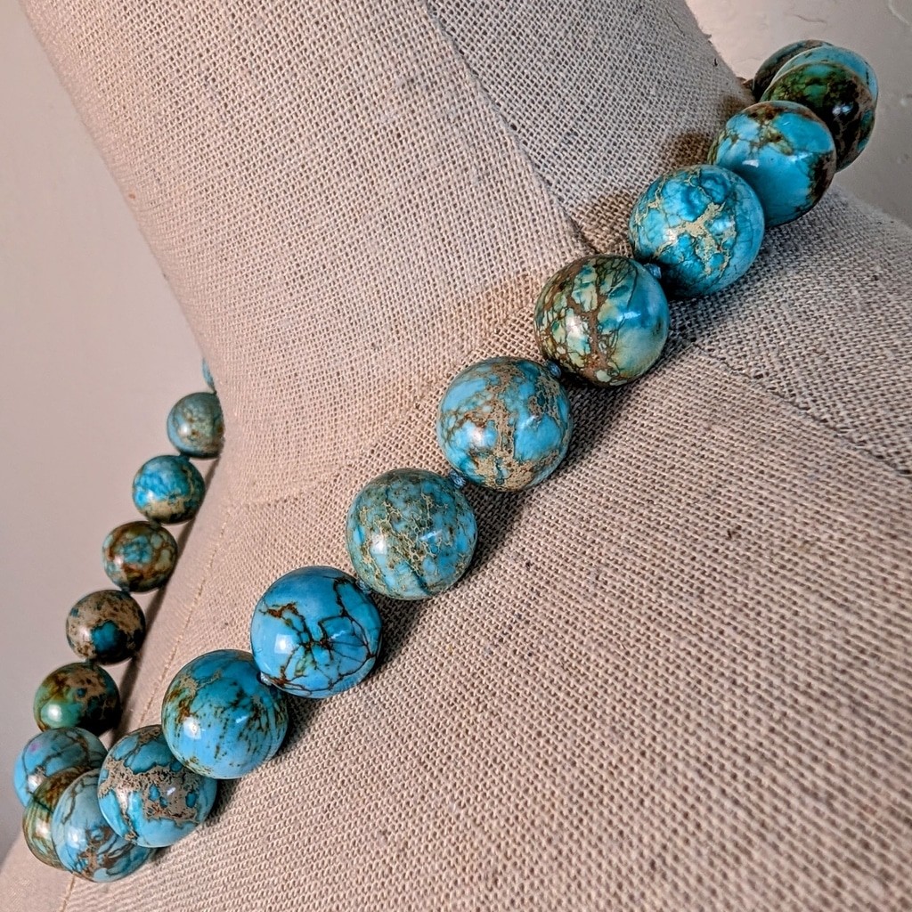 Chunky Turquoise Look Matrix Bead Necklace 19.5in Blue Boho Statement 140g