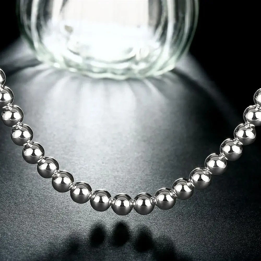 925 Sterling Silver 8MM Smooth Hollow Beaded Ball Bracelet Necklace Jewelry Set