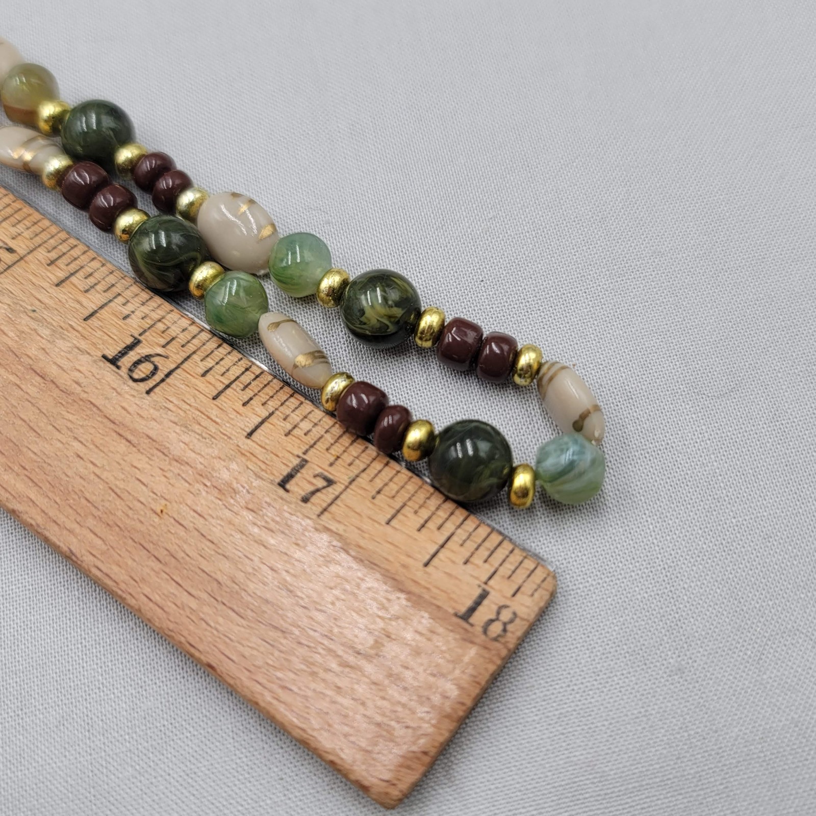 Vintage Brown Green Beige Bead Necklace Gold tone 36″