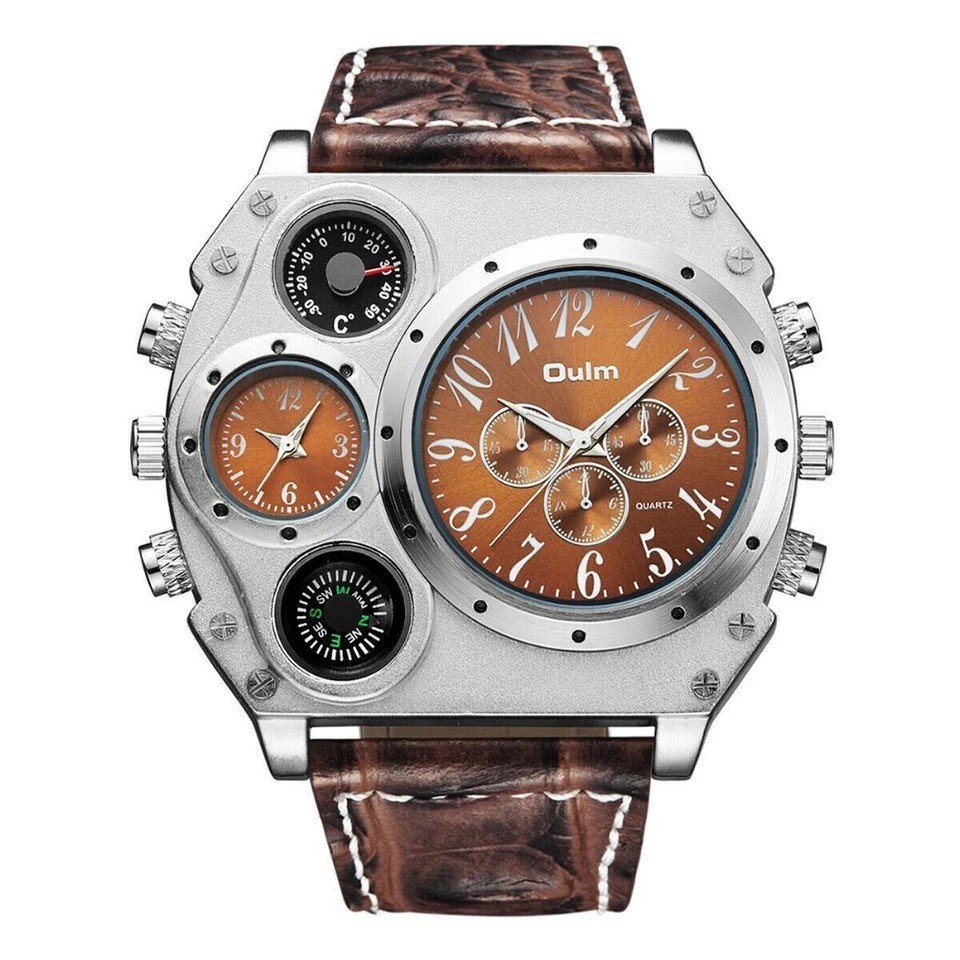 Two Time Zones Men Army Sports Fashion Big Dial Leather Strap Quartz Wrist Watch