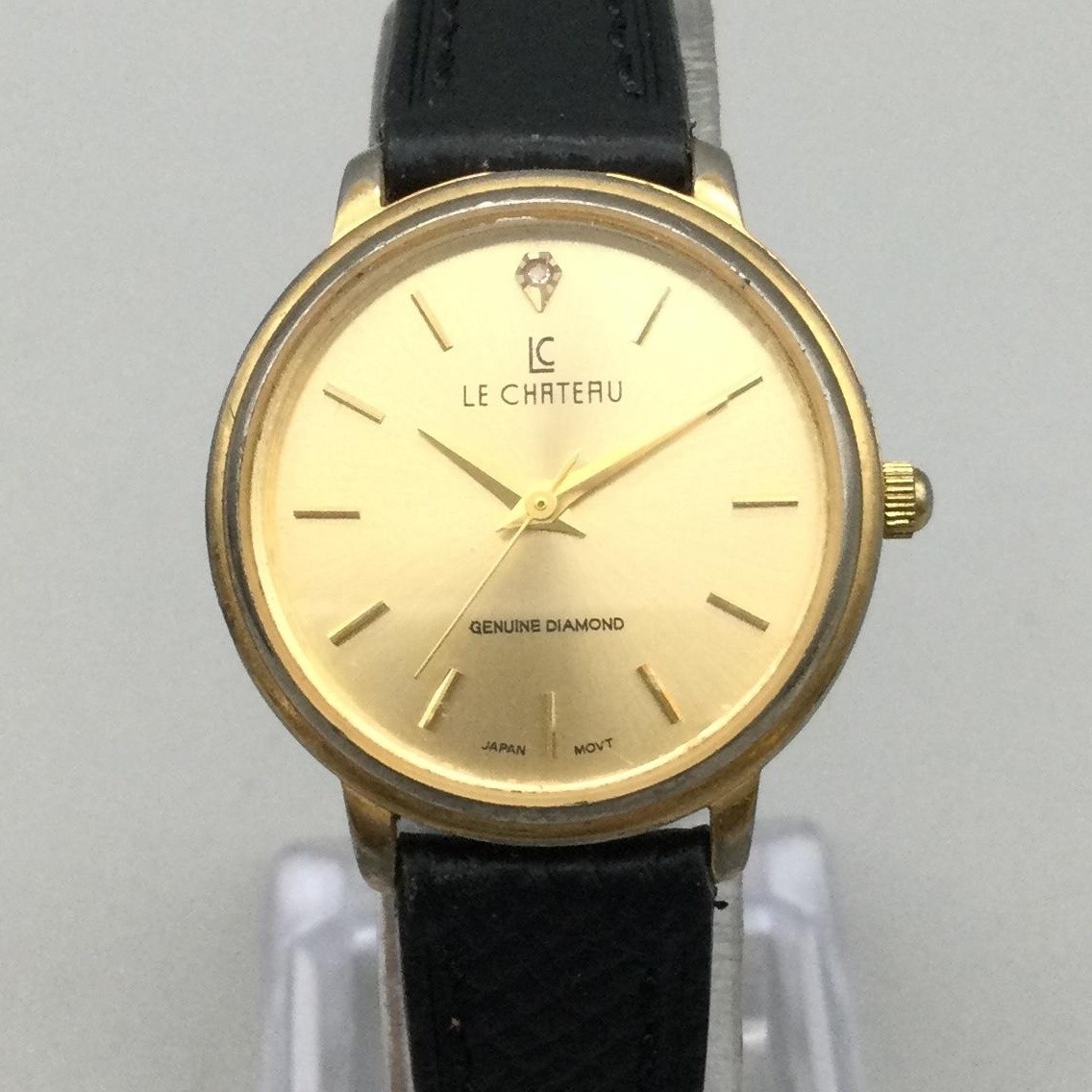 Le Chateau Womens Watch 25mm Gold Tone Black Leather Diamond New Battery