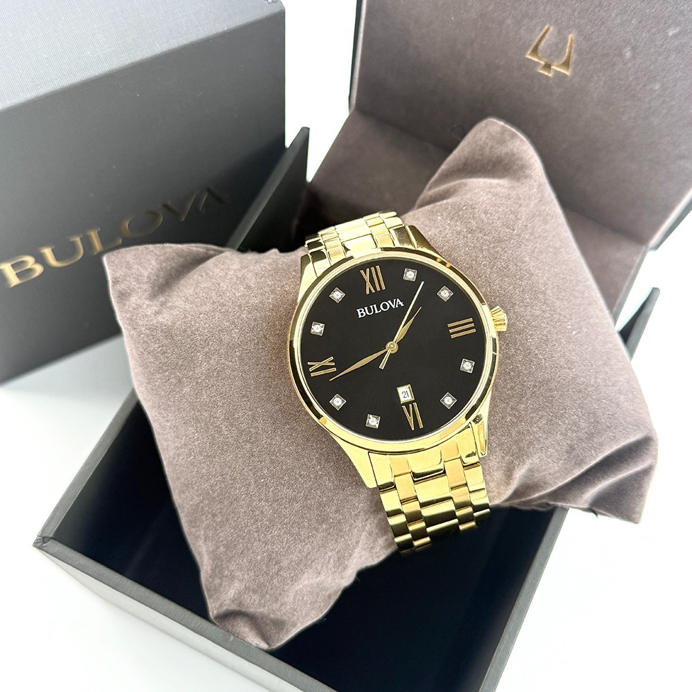 Men’s Bulova 97D108 Classic Diamond Quartz Gold Stainless Black Dial Watch 40mm