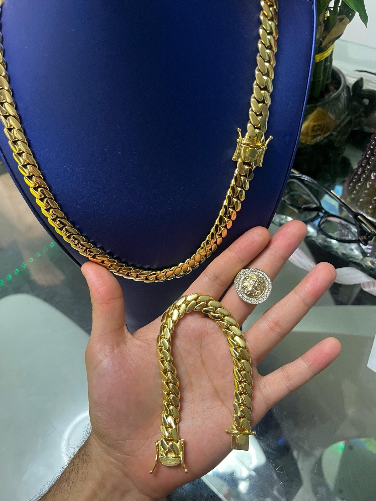 12mm Cuban Gold Bonded Set Chain And Bracelet +FREE RING