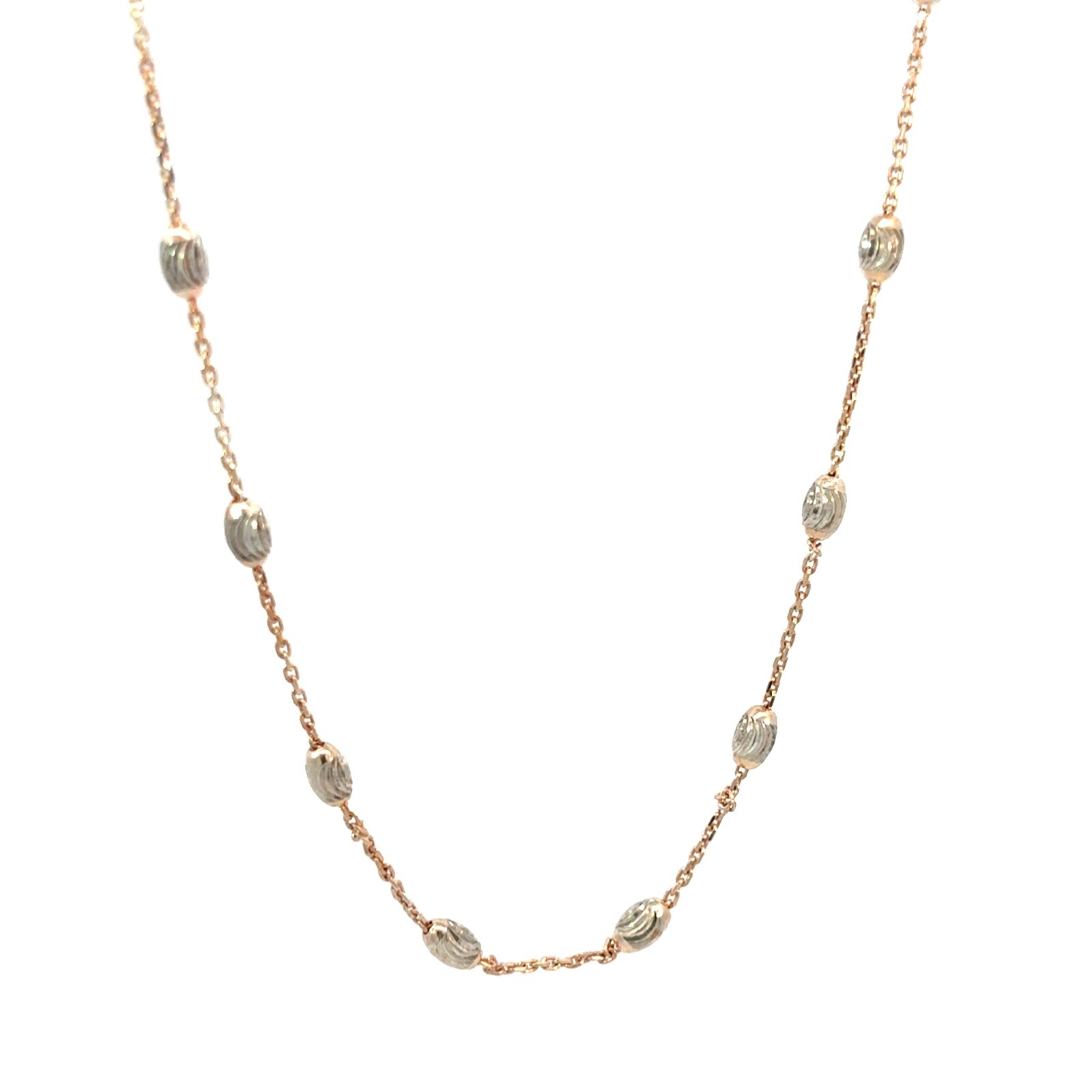 Station Oval Moon Bead Necklace Chain 2Tone Sterling Silver 30.25″ For Men/Women