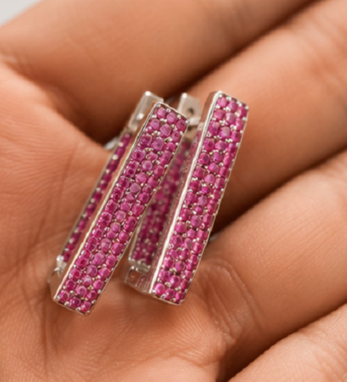 1.5ct Simulated Pink Ruby Rectangular Women’s Hoop Earrings14K White Gold Plated