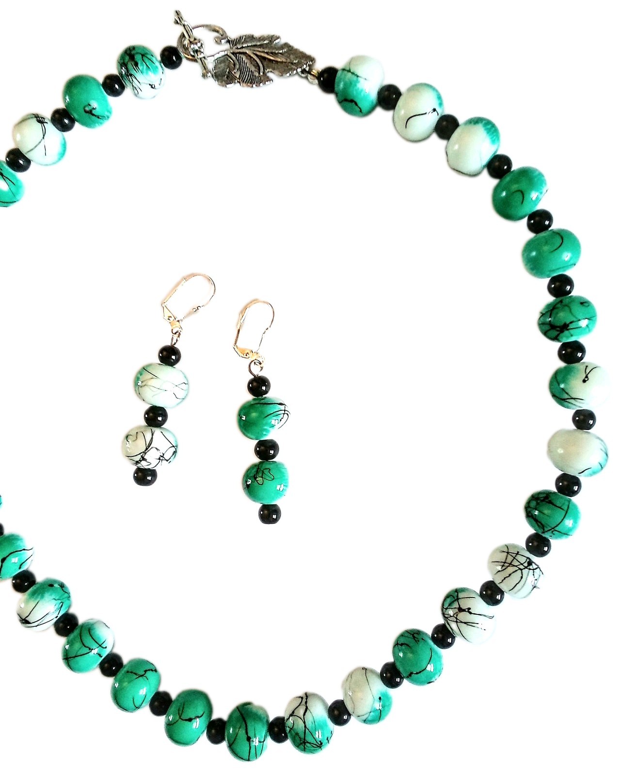 Green Black & White Splatter Glass Beaded Necklace And Earrings Set