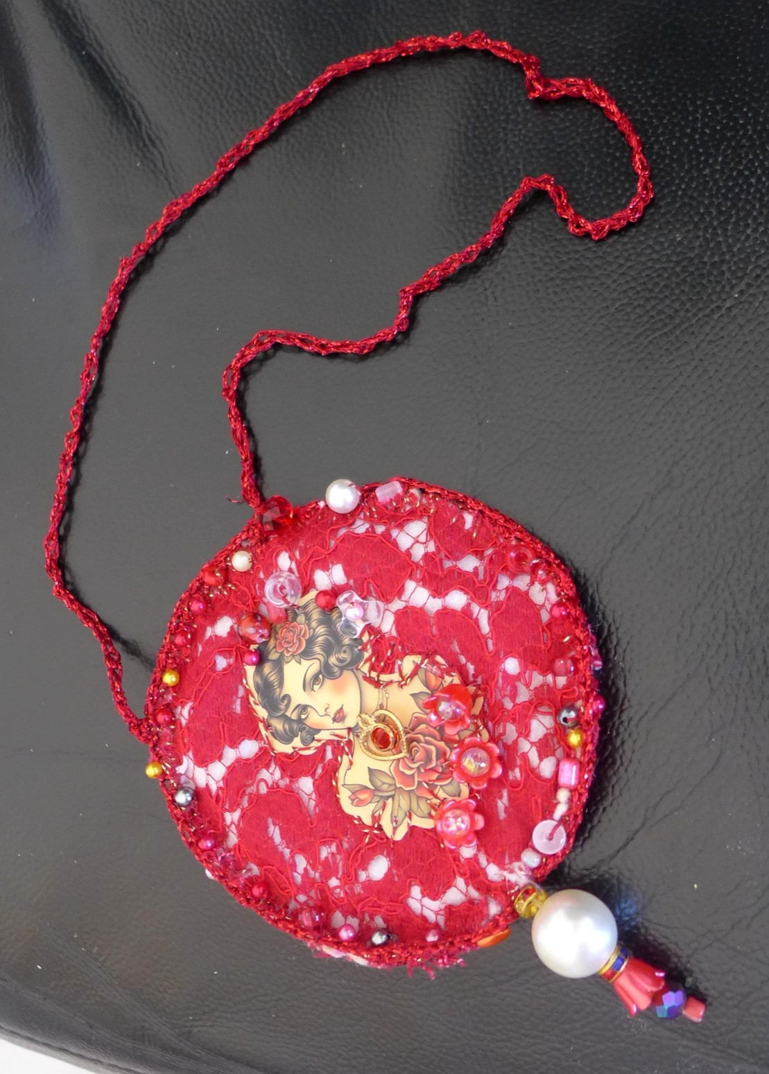 Handmade Crocheted art Necklace Cotton Fabrics embroidered crocheted+ Beads