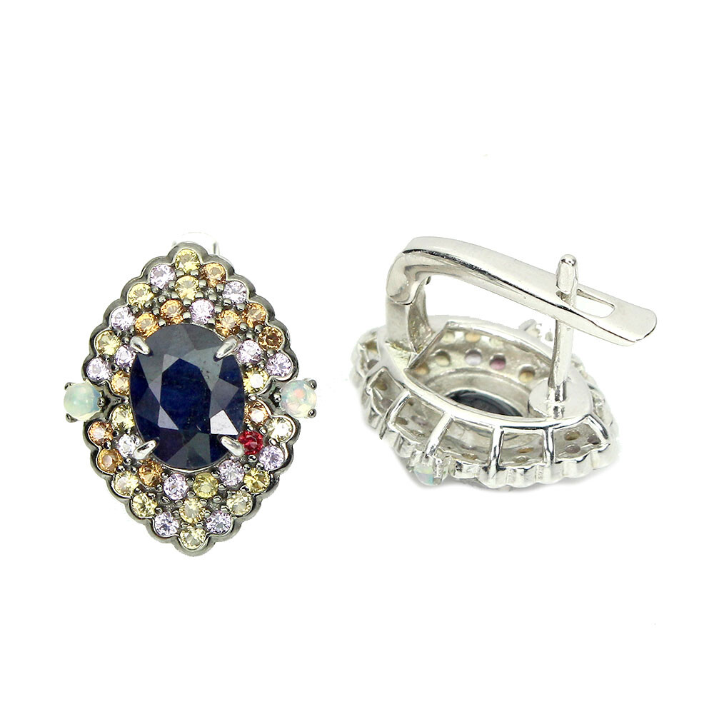925 Sterling Silver Earrings Oval Diffused Sapphire Fire Opal Gemstone jewelry