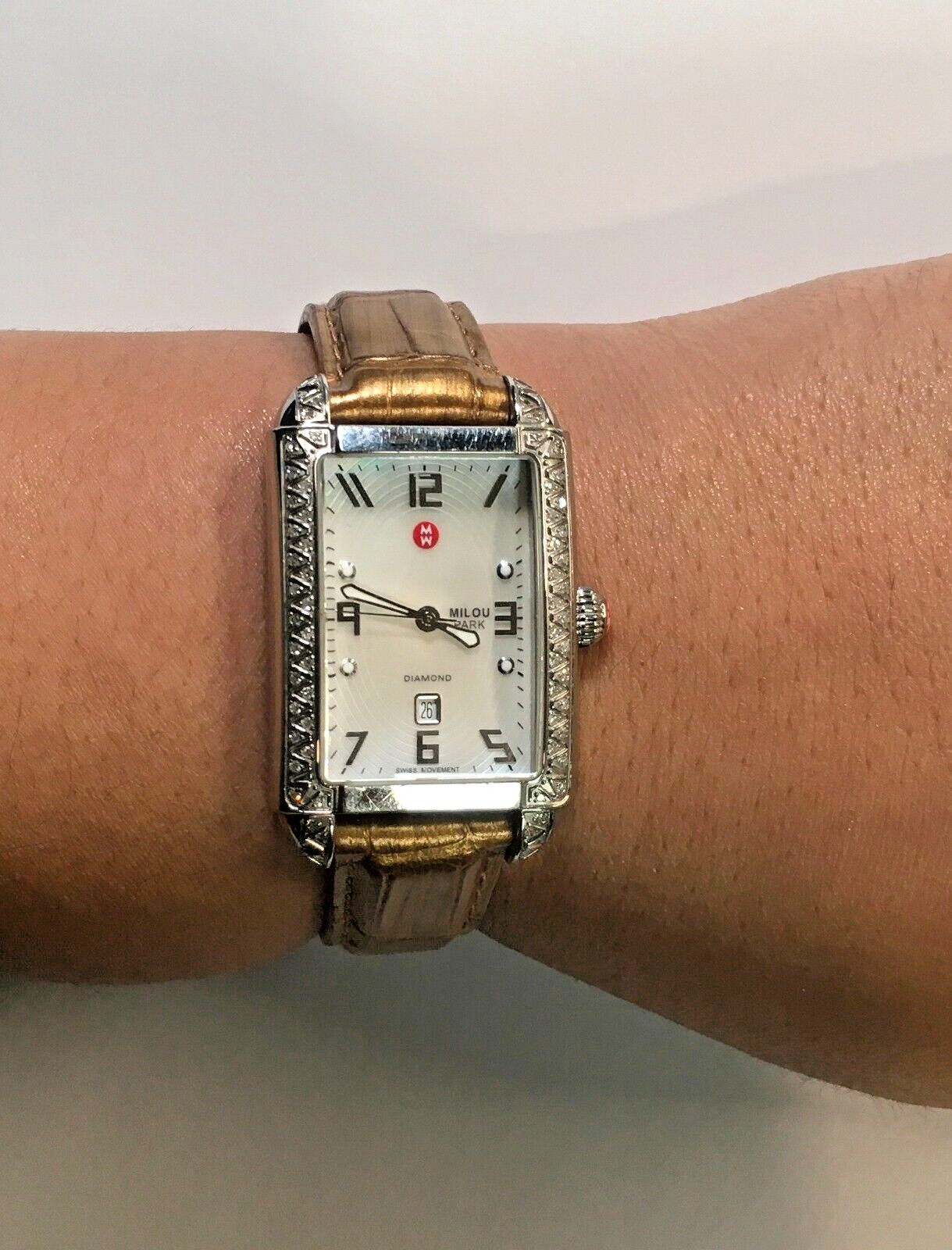 Michele Diamond Milou Park Rectangle Watch Gold Strap Mother of Pearl