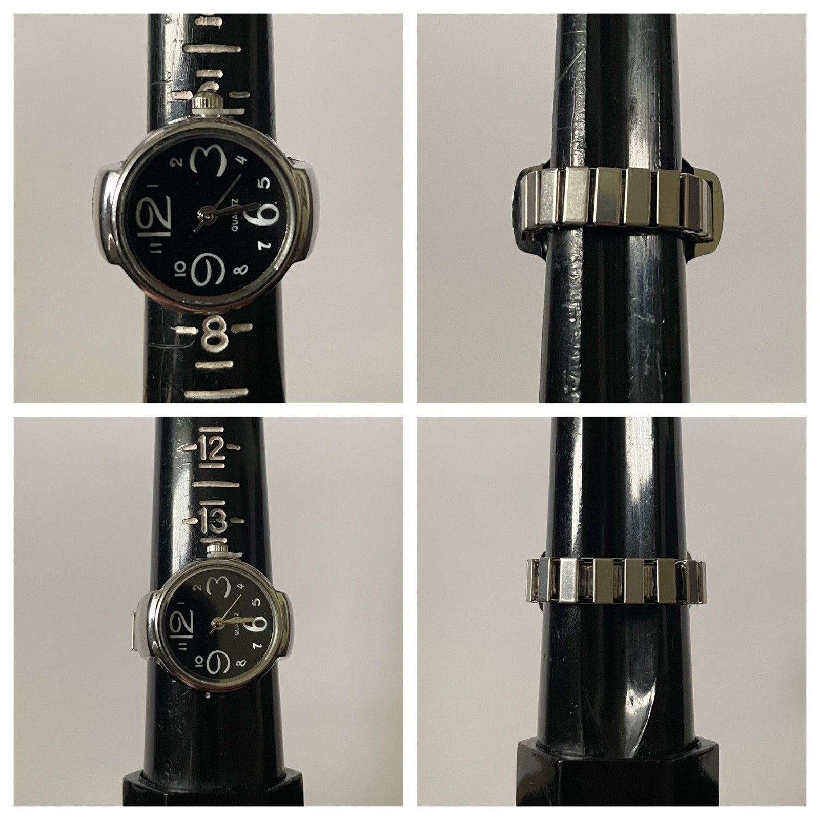 Retro Silver with Black Stainless Steel Stretch Band Quartz Movement Ring Watch