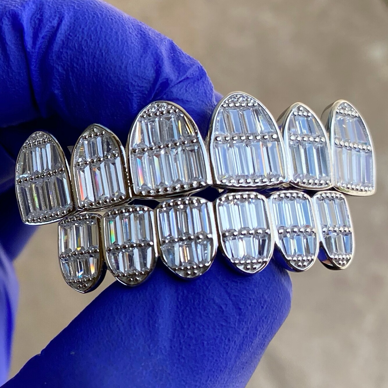 Real 925 Sterling Silver Grillz Set Iced Baguette CZ Flooded Out 6 on 6 Teeth