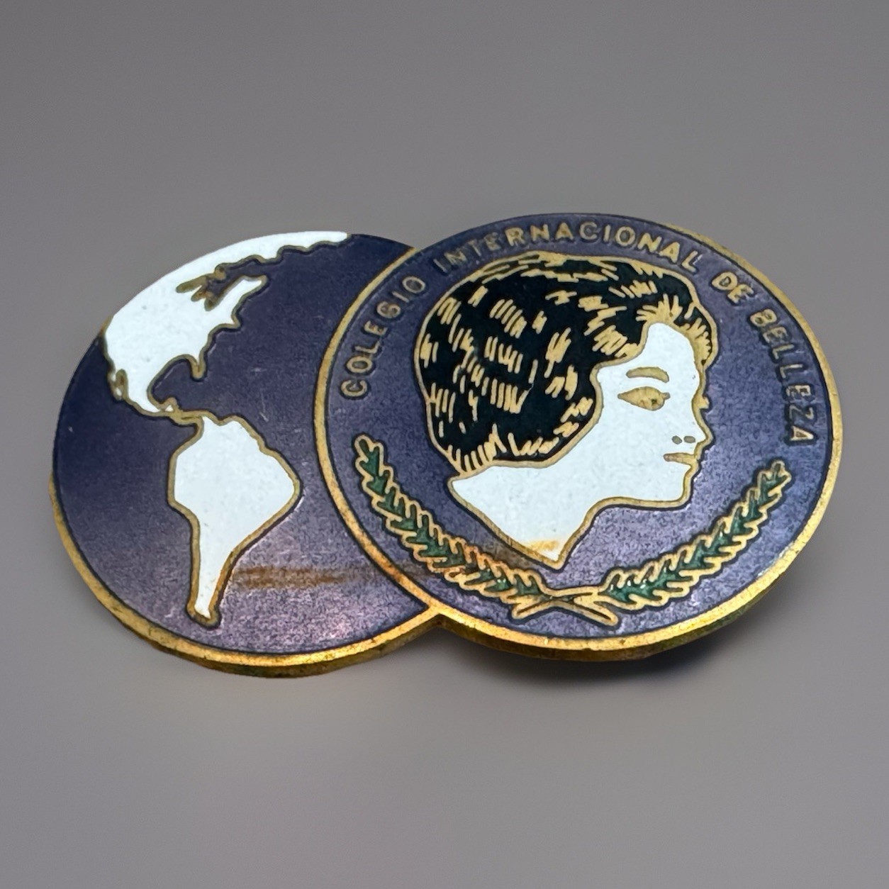 Vintage Colegio Internacional De Belleza Enamel Brooch Pin Globe Beauty School