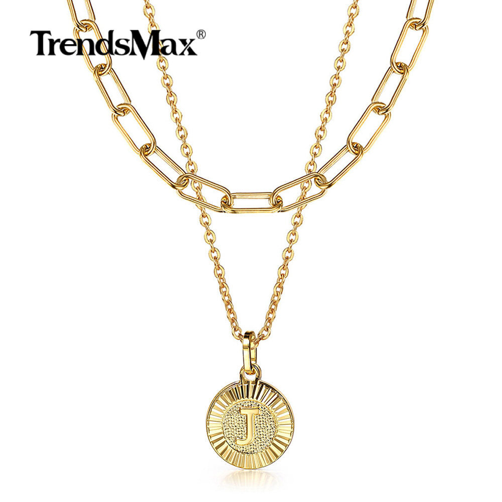 Gold Plated Stainless Steel Round Letters A-Z Pendant Necklace Choker Rolo Chain