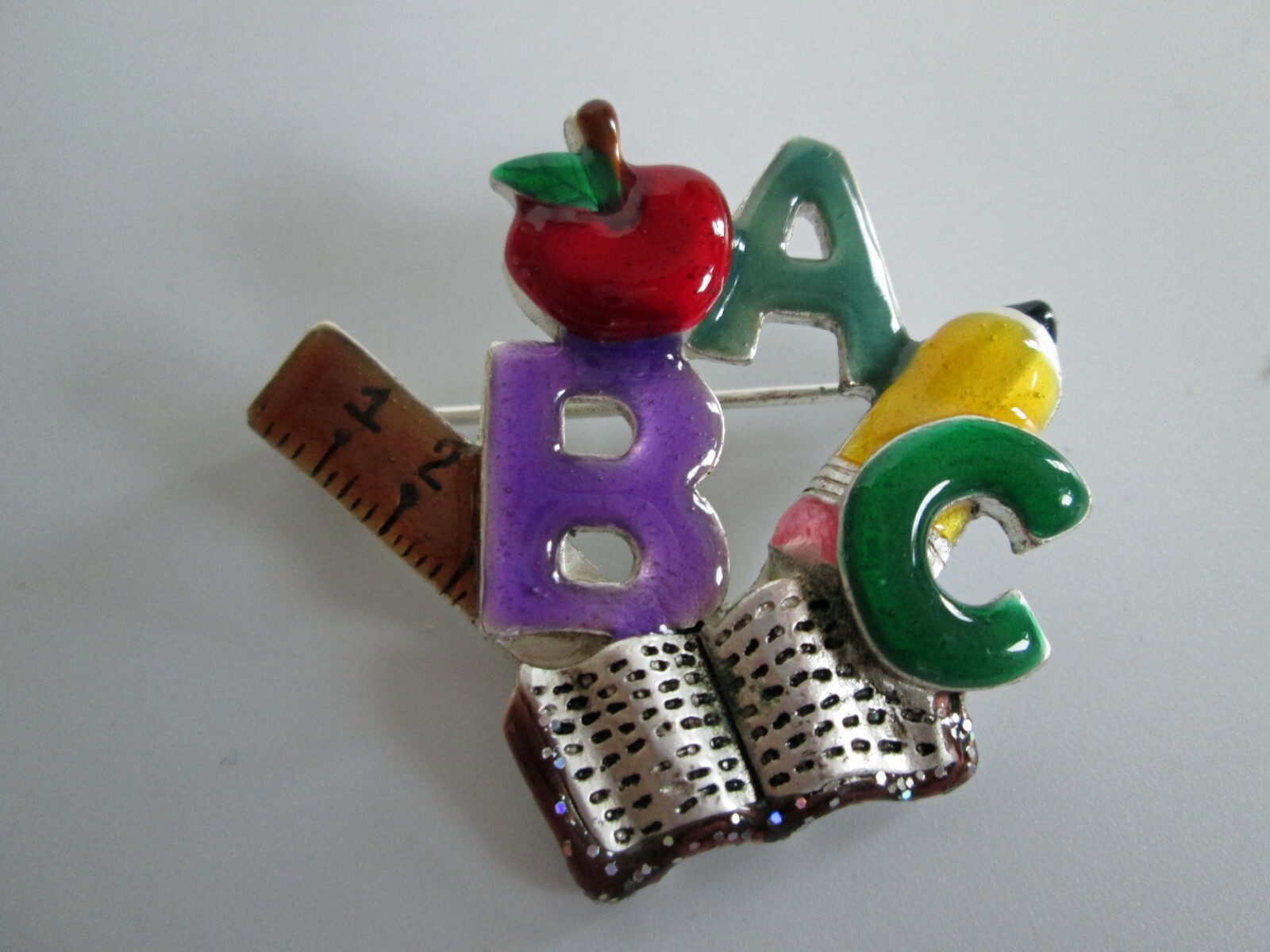 AJMC Enamel ABC Teacher Brooch Pin Book Pencil Ruler Apple Vintage Jewelry