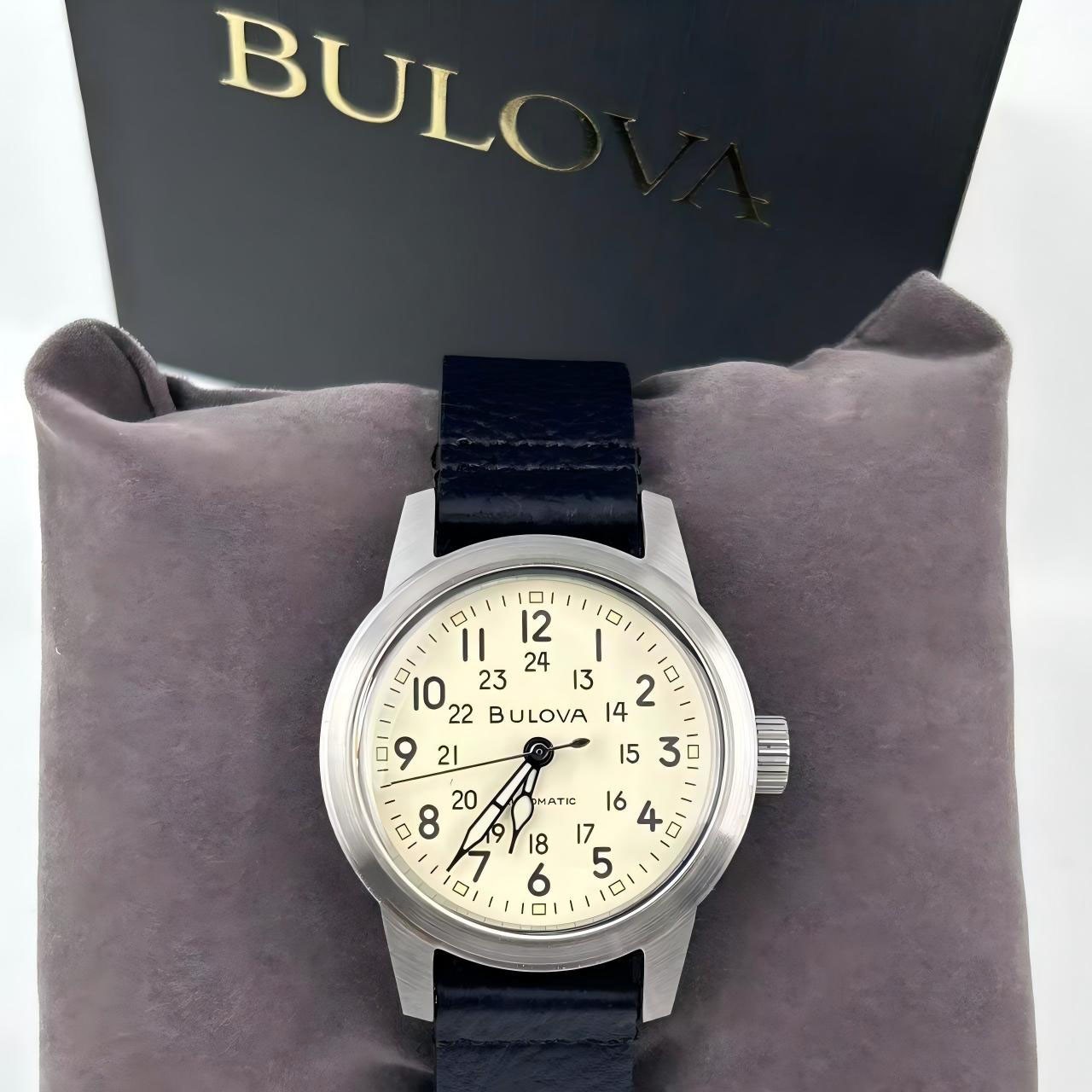 New Bulova Hack 96A246 Men’s Automatic Watch Ivory Dial Black Leather Strap 38mm
