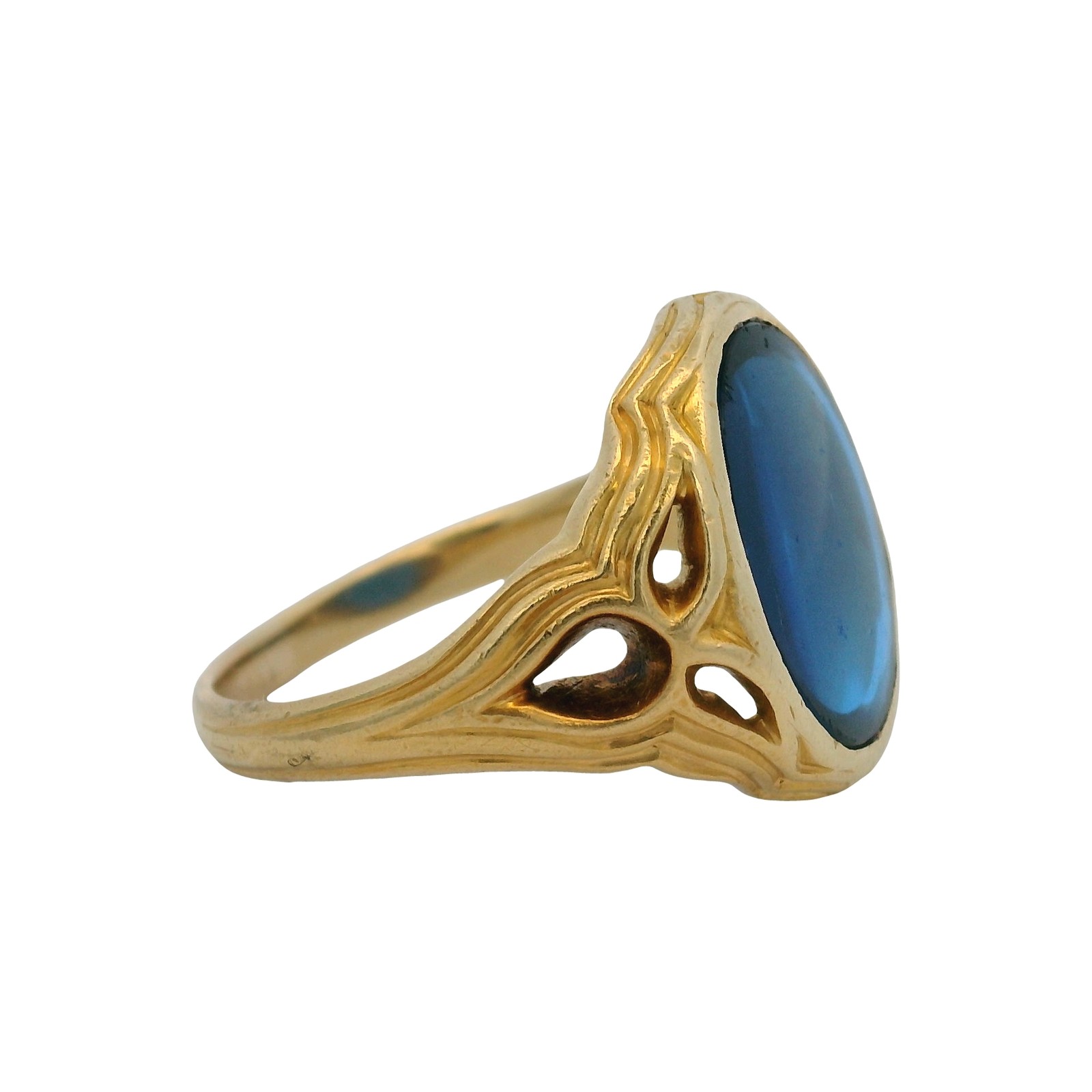 Vintage 1980s 14kt Yellow Gold Etruscan Style Ring with Blue Lab Spinel Size 10
