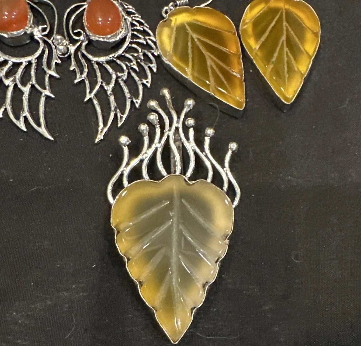 Silver Tone Simulated Gemstone Artisan Angel Wing Leaf Earrings & Pendant Lot 3