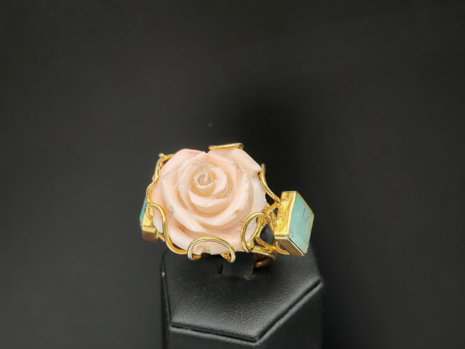 Women’s Ring Real Coral Pink Band 925 Silver Plac Yellow Gold Handmade