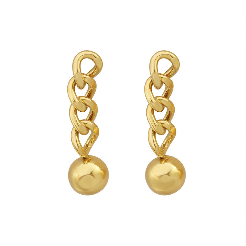 Woman 18K Gold Plated Stainless Steel Bead Ball Dangle Curb Chain Earring Stud