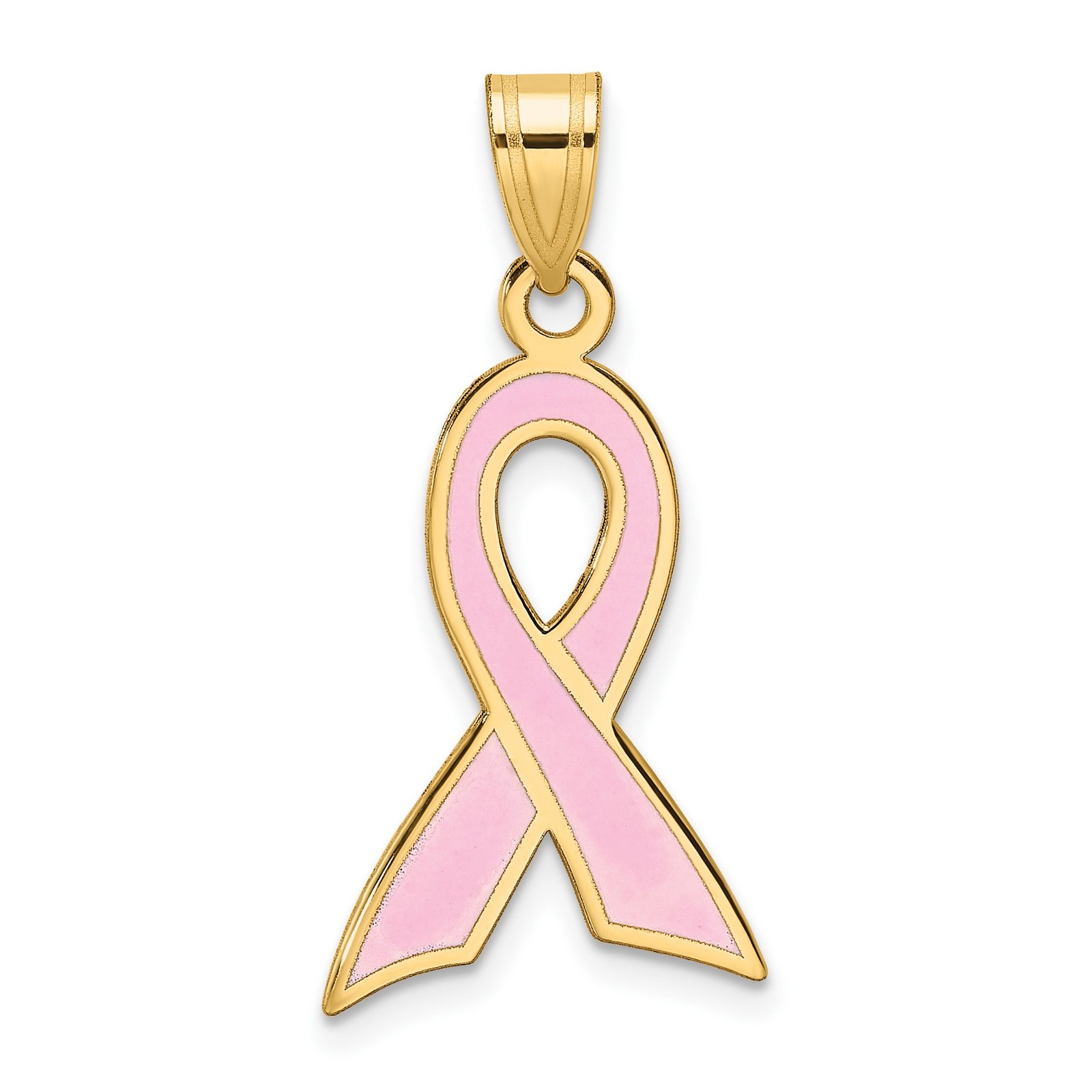 14k Yellow Gold Large Enameled Pink Awareness Ribbon Pendant Necklace Womens