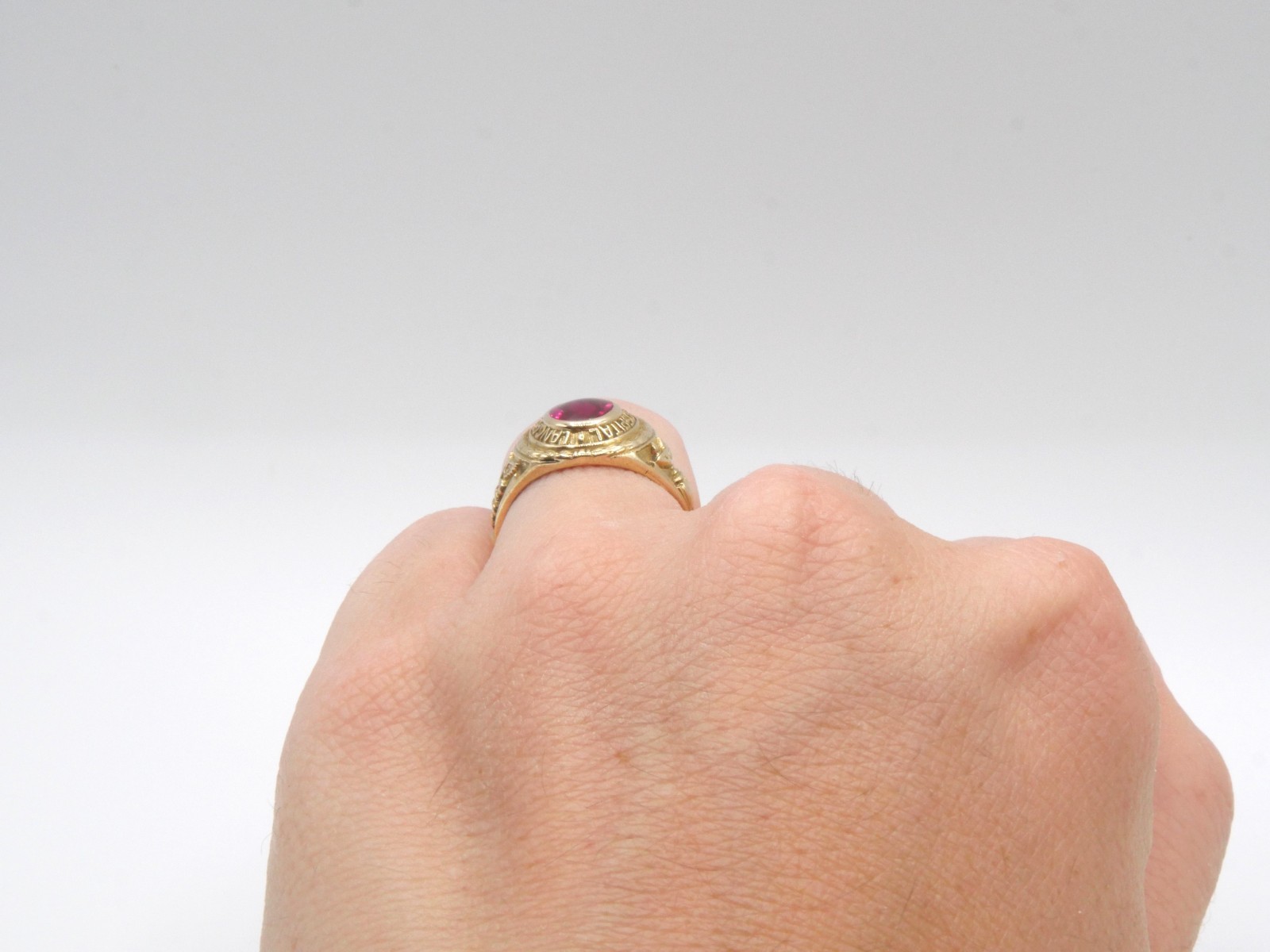 Antique 1931 10K Gold Lab Created Flame Fusion Ruby, Lancaster Hospital Ring