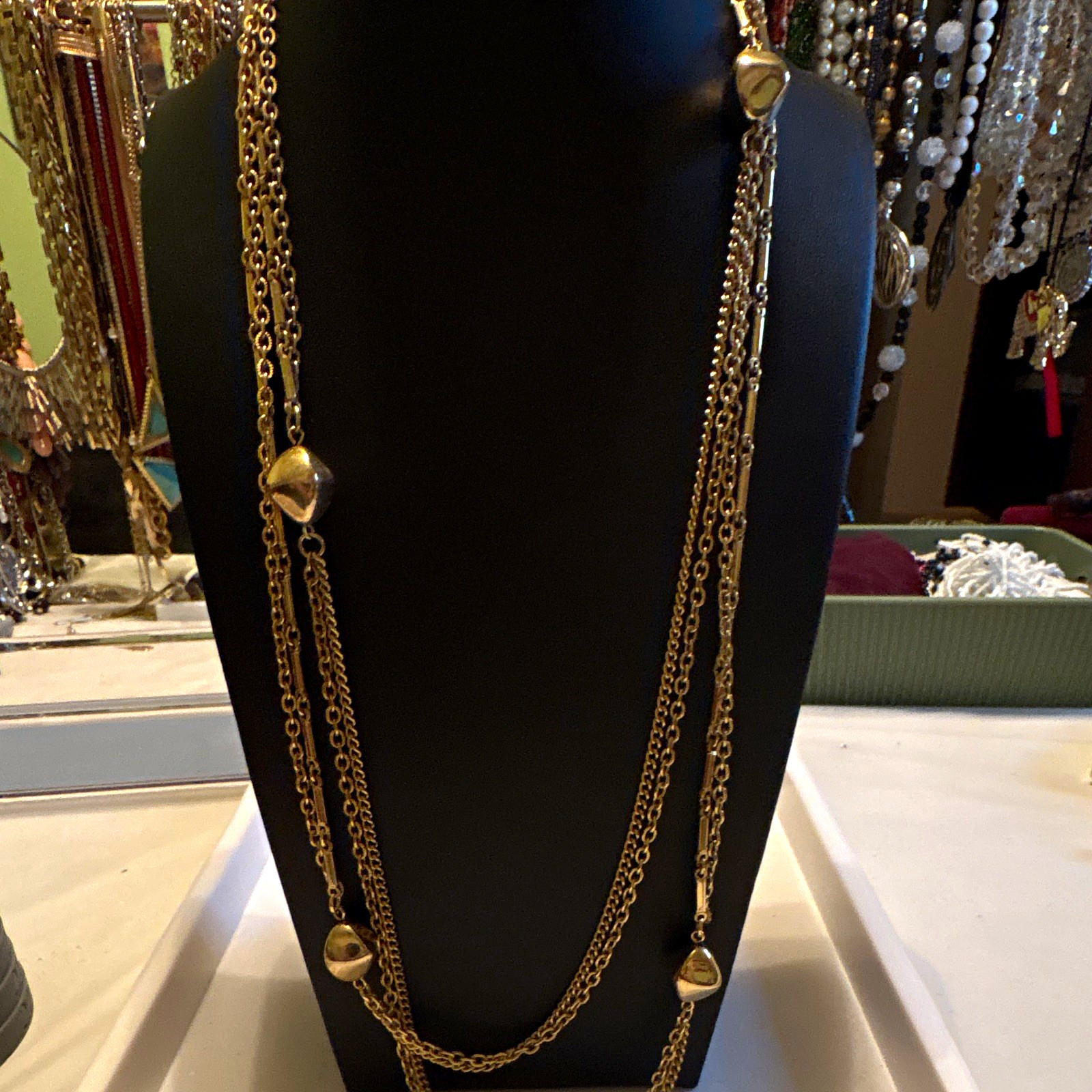 Gold Tone Metal Station Cable Chain Necklace Multi-Strand With Bead Accents