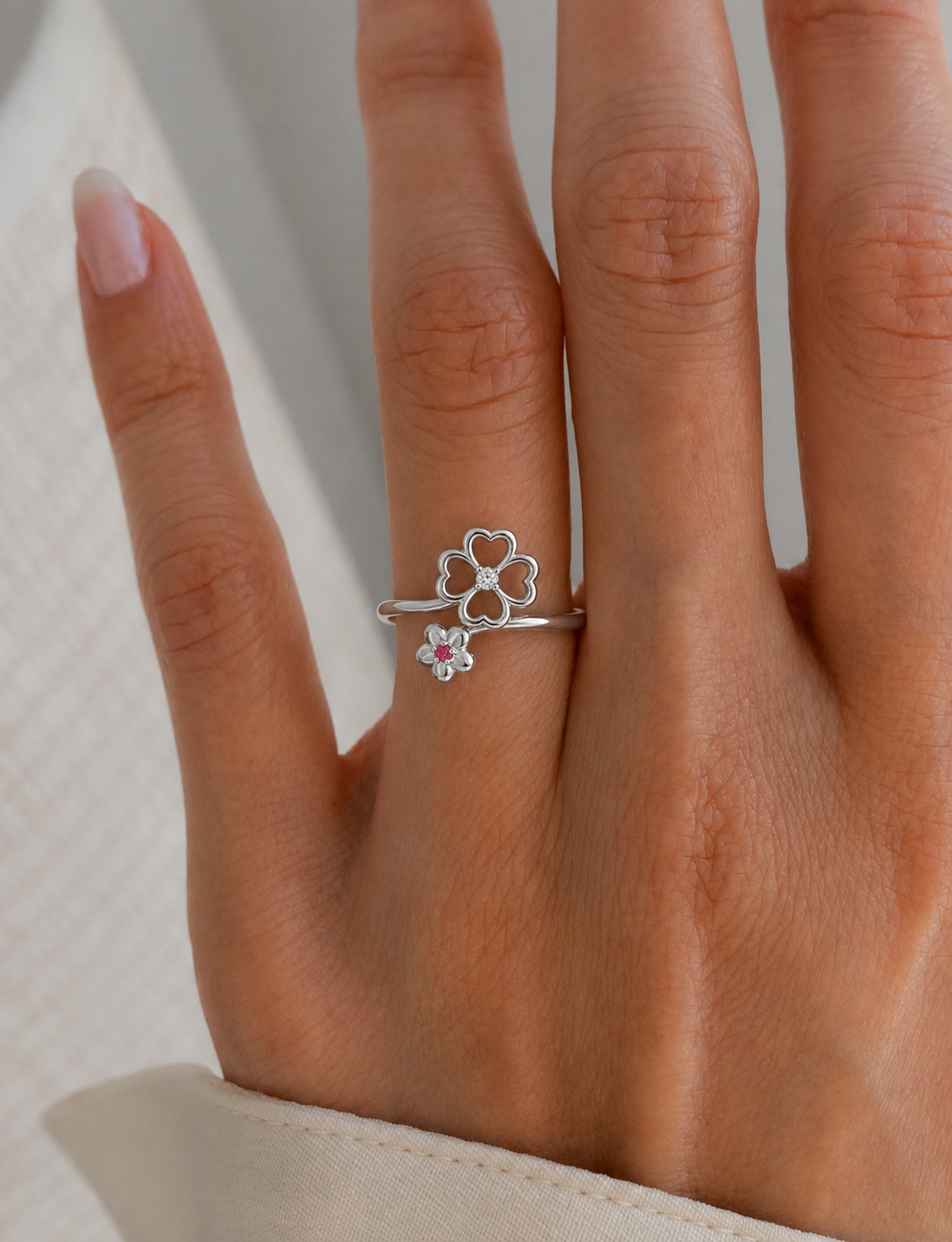 925 Sterling Silver Floral CZ Adjustable Ring Open Flower Wrap Women Jewelry
