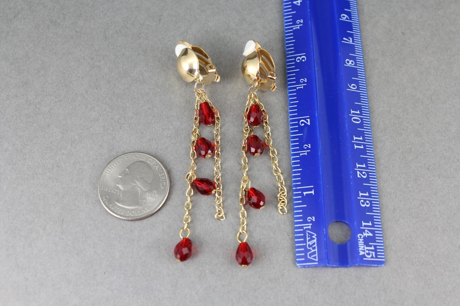 Red Gold beaded Clip On chandelier dangle earrings clips 2 7/8″ long