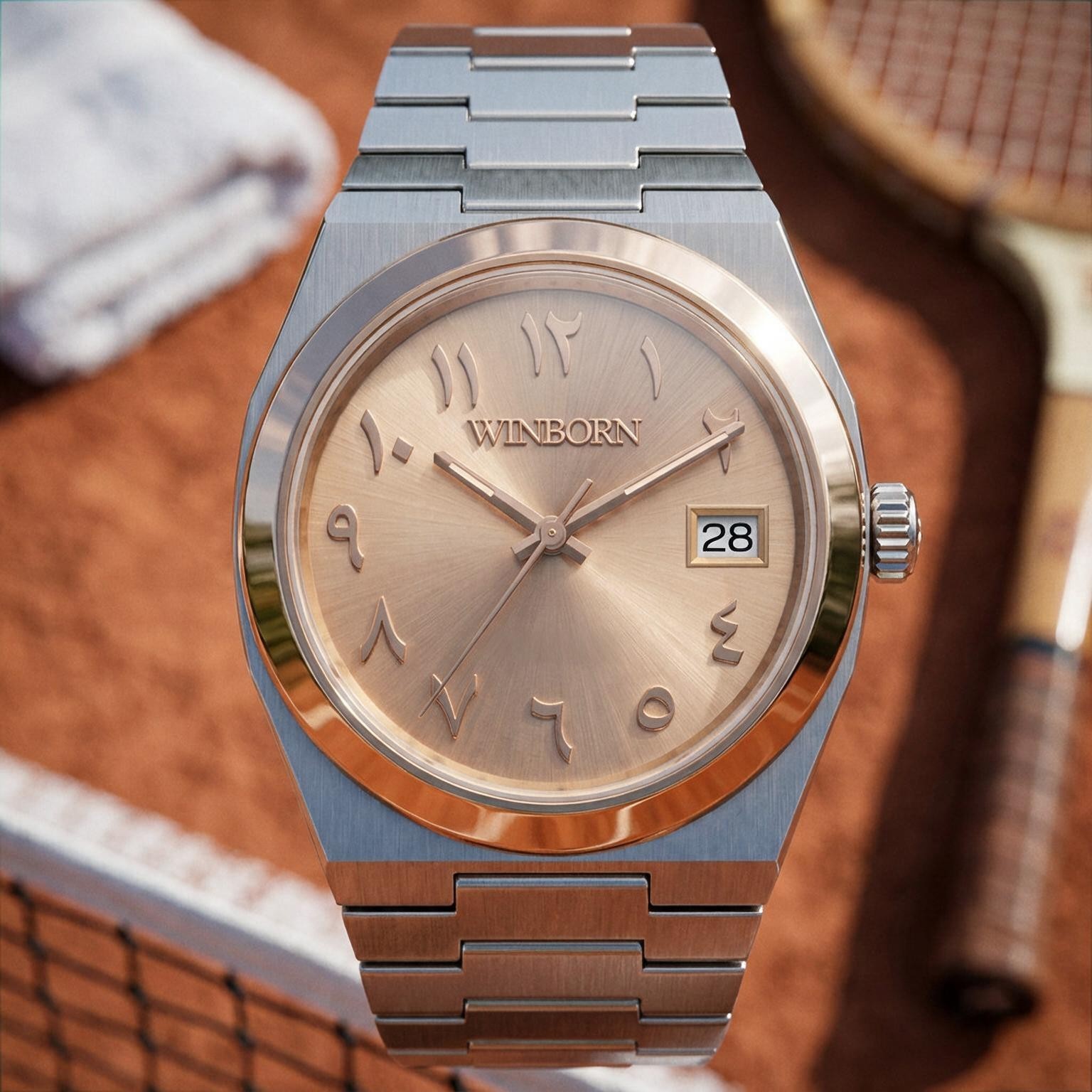 WINBORN Champagne Arabic Numeral Date Watch Rose Gold Bezel Bracelet