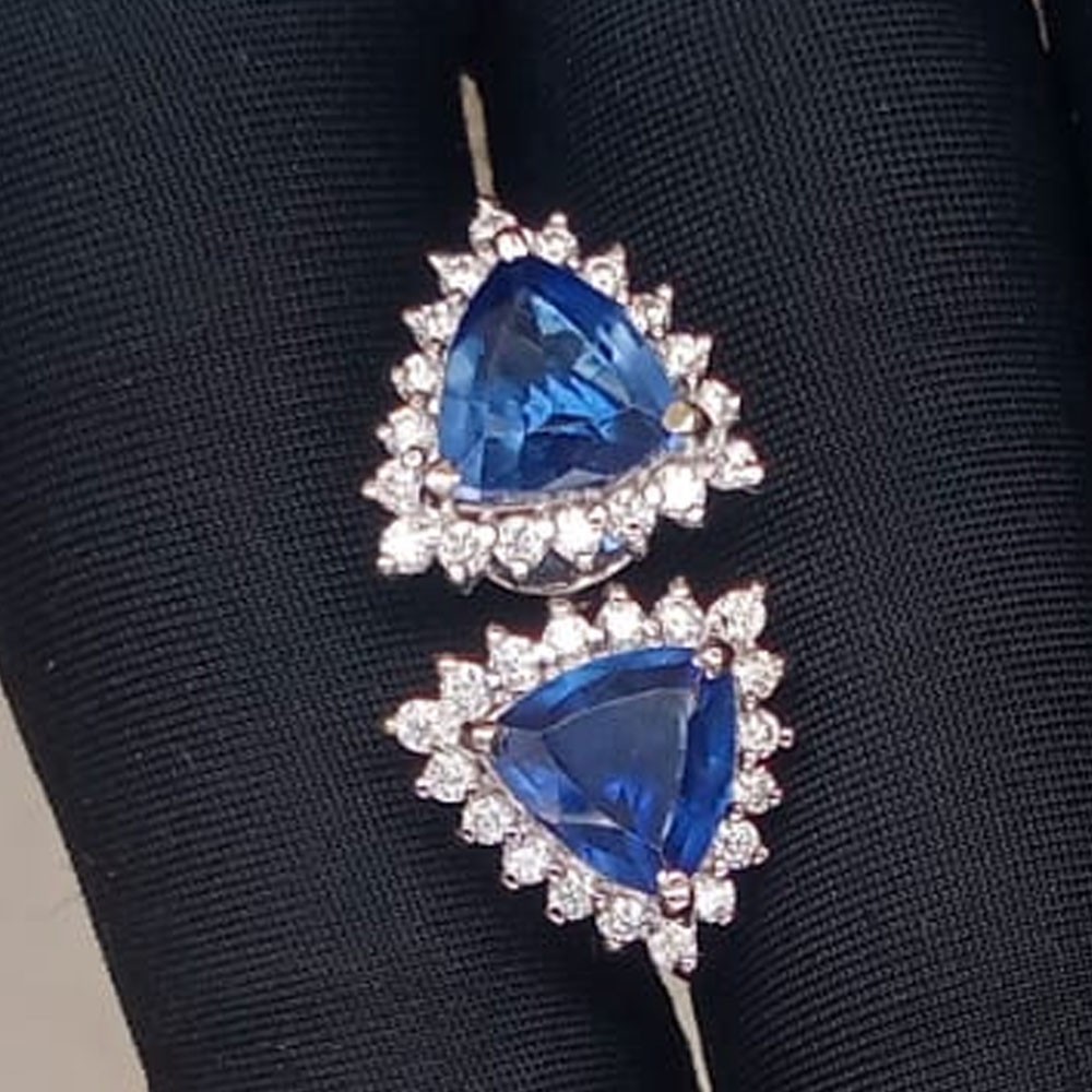 5Ct Trillion Natural Tanzanite & Diamond Stud Pair Earring 18k White Gold Plated