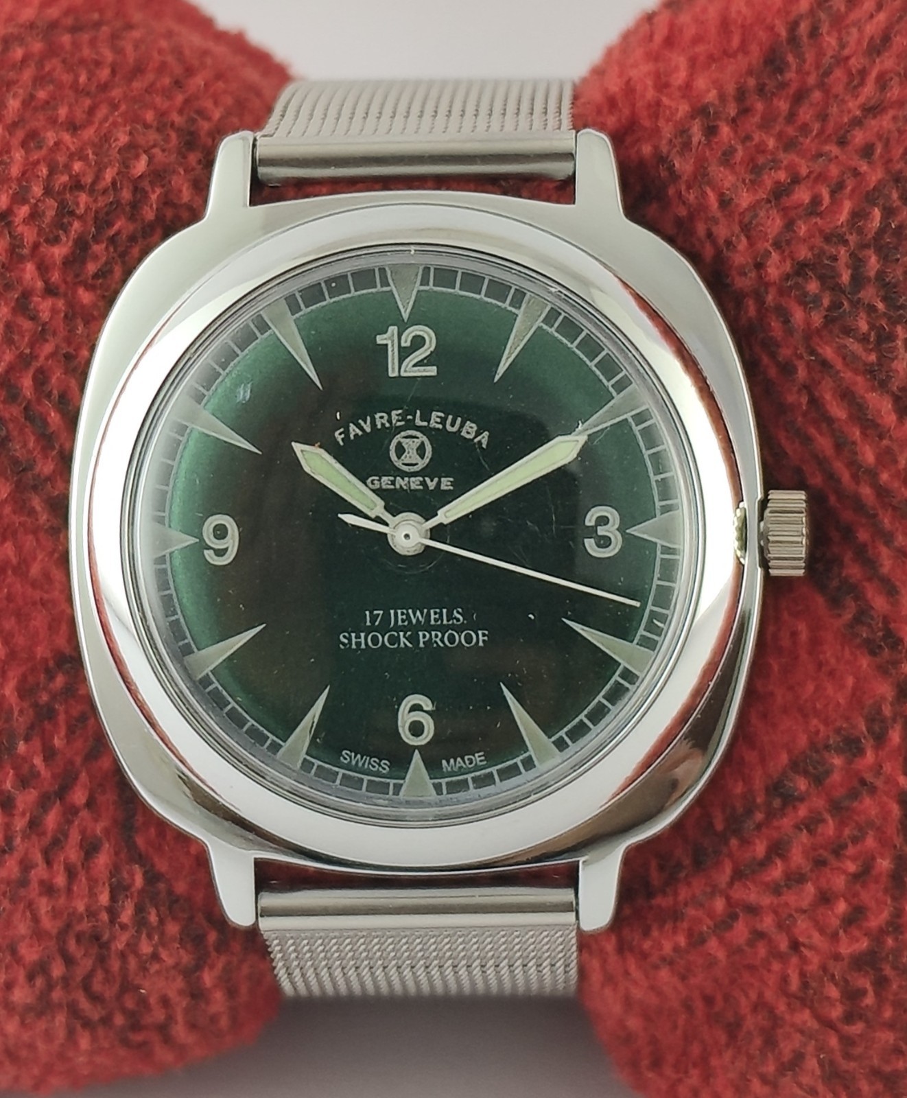Vintage Favre-Leuba Hand-Winding Green Dial 17 Jew Men Wristwatch Steel Band