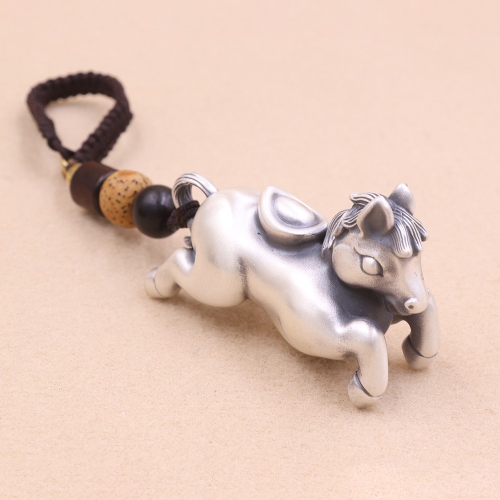 Pure S999 Fine Silver Carved Yuanbao Running Zodiac Horse Pendant 34-35g 1.7in
