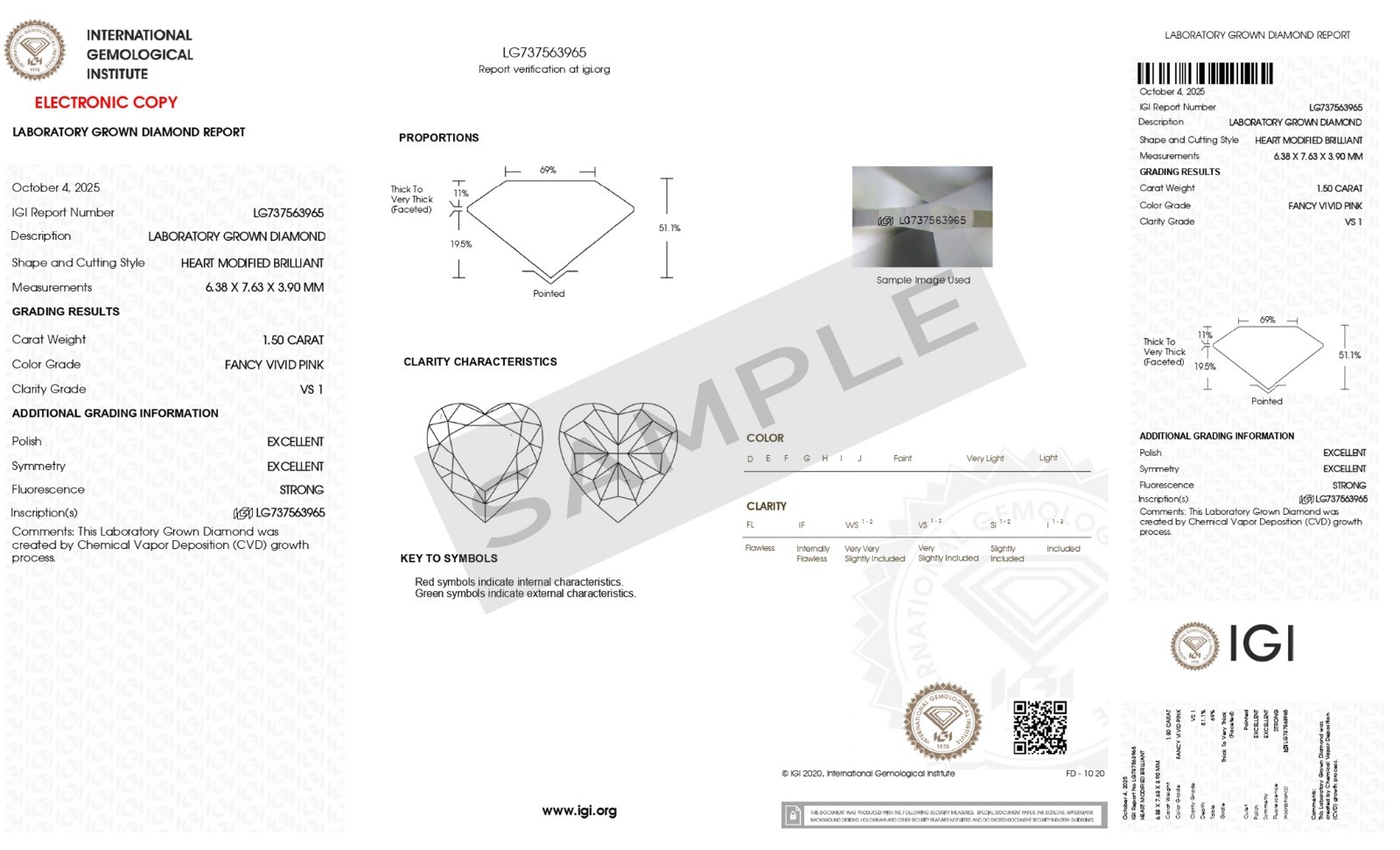 Heart Shape Vivid Pink VS1 Clarity 1.50 CT CVD Lab Grown Diamond IGI Certificate