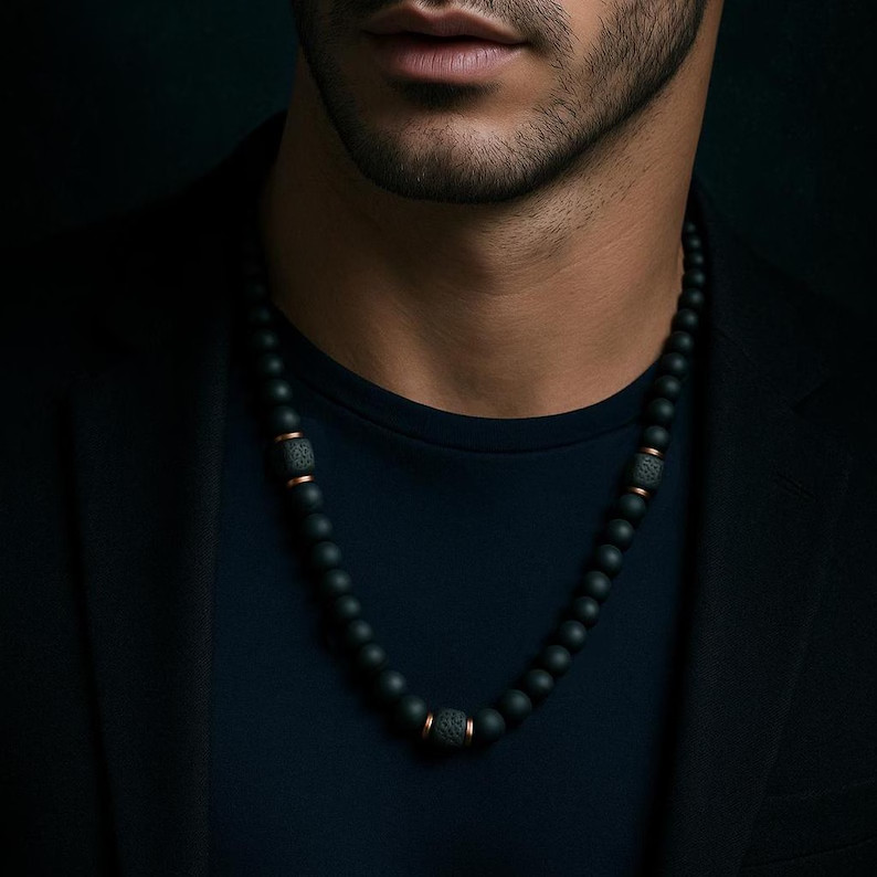 Matte 8mm Beads Black Onyx Men’s Necklace Cube Lava Stone Healing Reiki Crystal