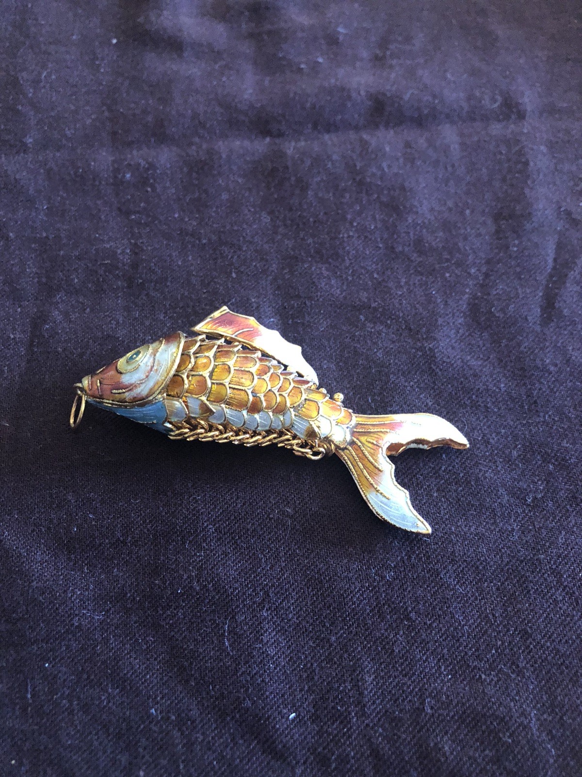 Cloisonne Enamel Articulated Orange Blue Goldtone Koi Fish Large 3.25″ Pendant