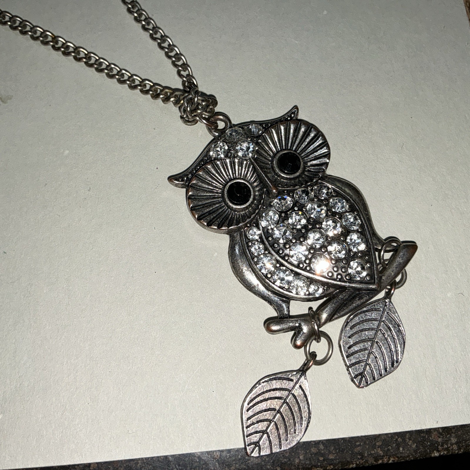 Vintage Silver Toned Owl Neckalce with Rhinestones and Black Faceted Eyes