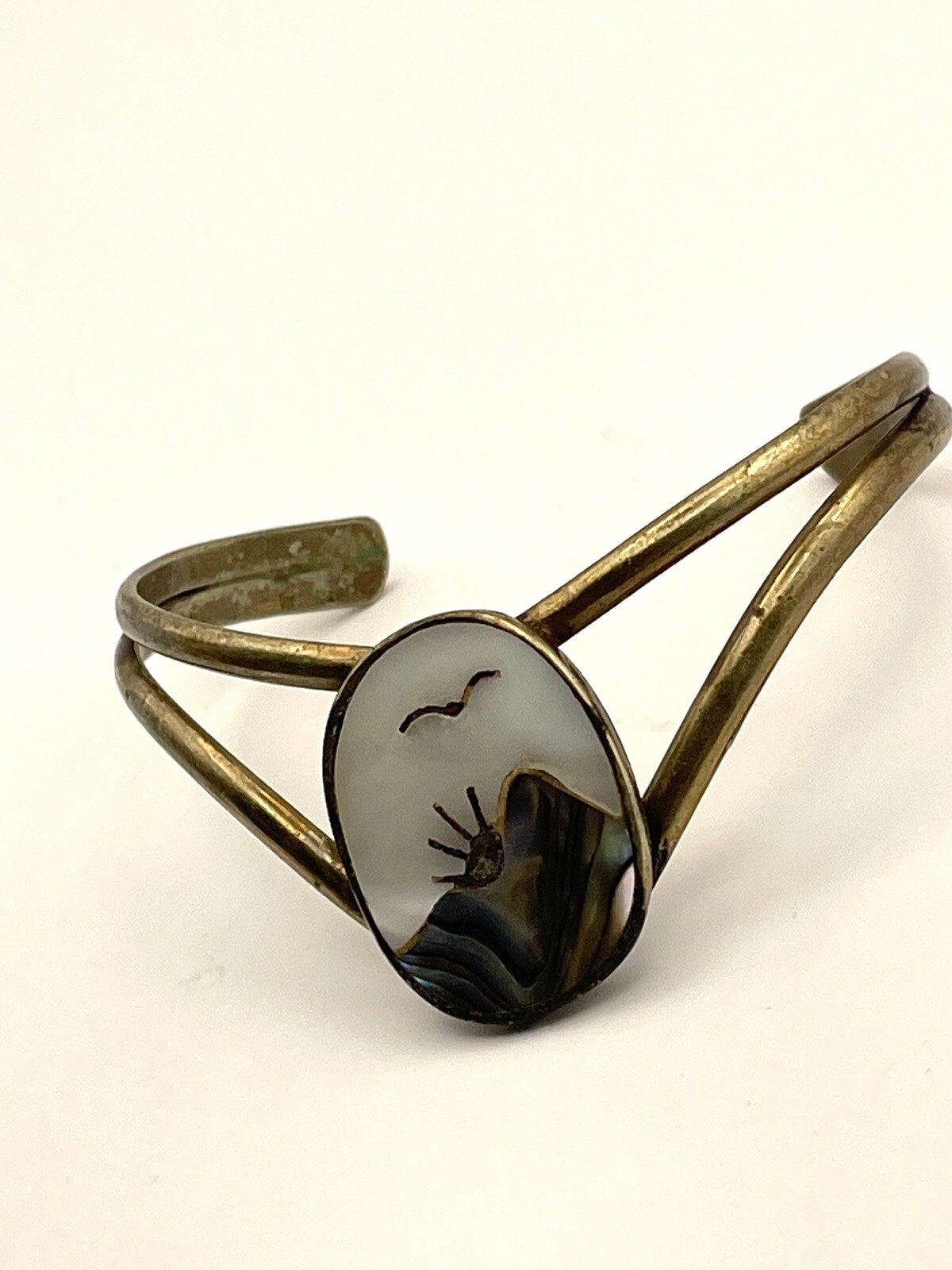Rustic Artisan Made MOP Abalone Solid Brass Cuff Bracelet Size 6-6.50 Inches