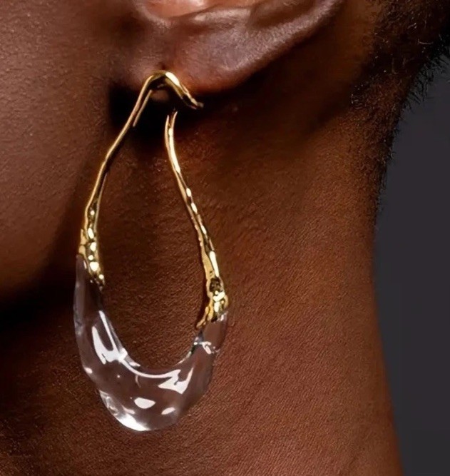 Anthropologie Hoop Earrings Crystal Lucite Metal Gold Boho Clear Irregular