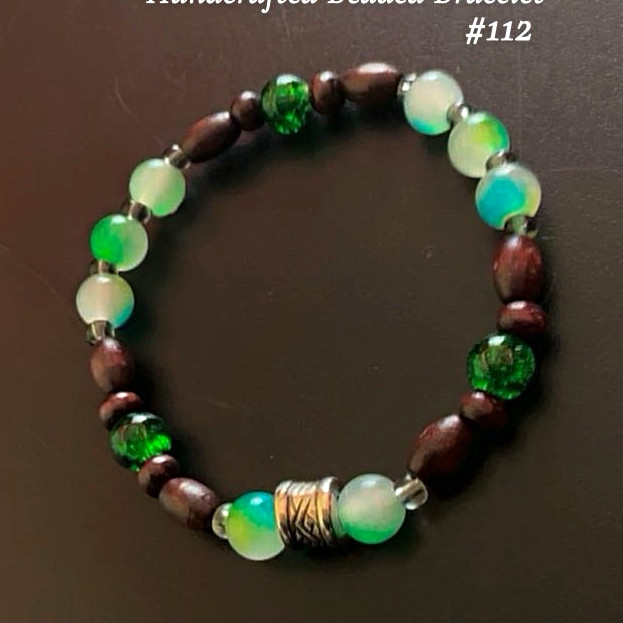 Handmade Brown/Green/Blue/White Glass & Wood Beaded Bracelet #112, No Clasp