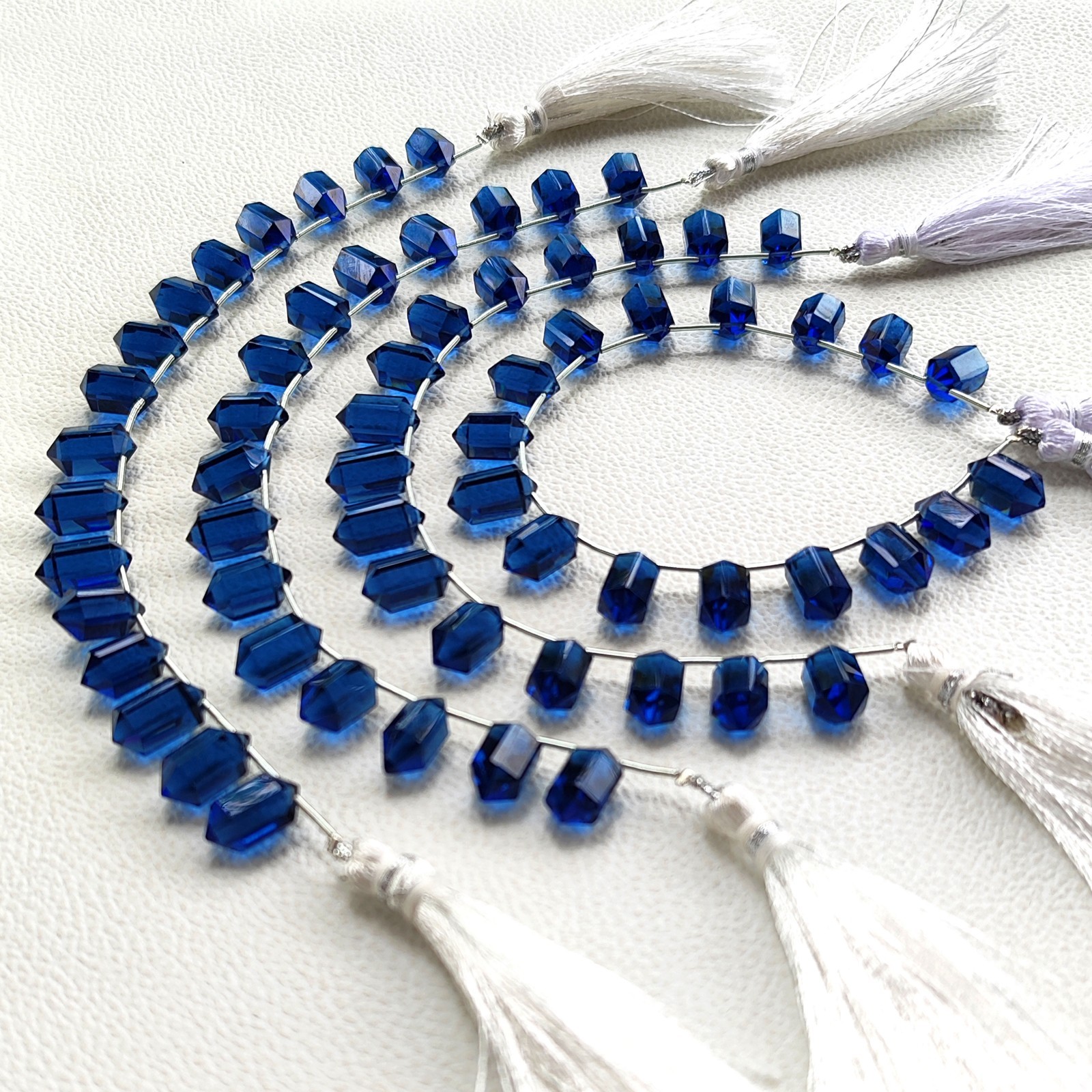 7.5″ London Blue Topaz Color Hydro Quartz 14×7 mm Faceted Crystal Point Beads