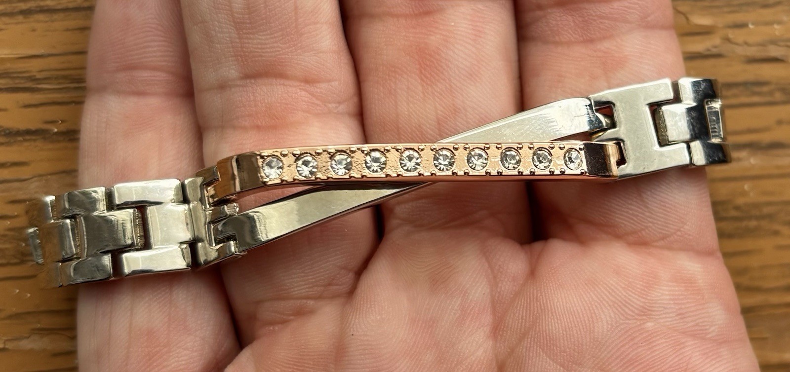 Silver & Rose Gold Tone Link Chain Bracelet w/ Clear Crystal Bar, Fold Over