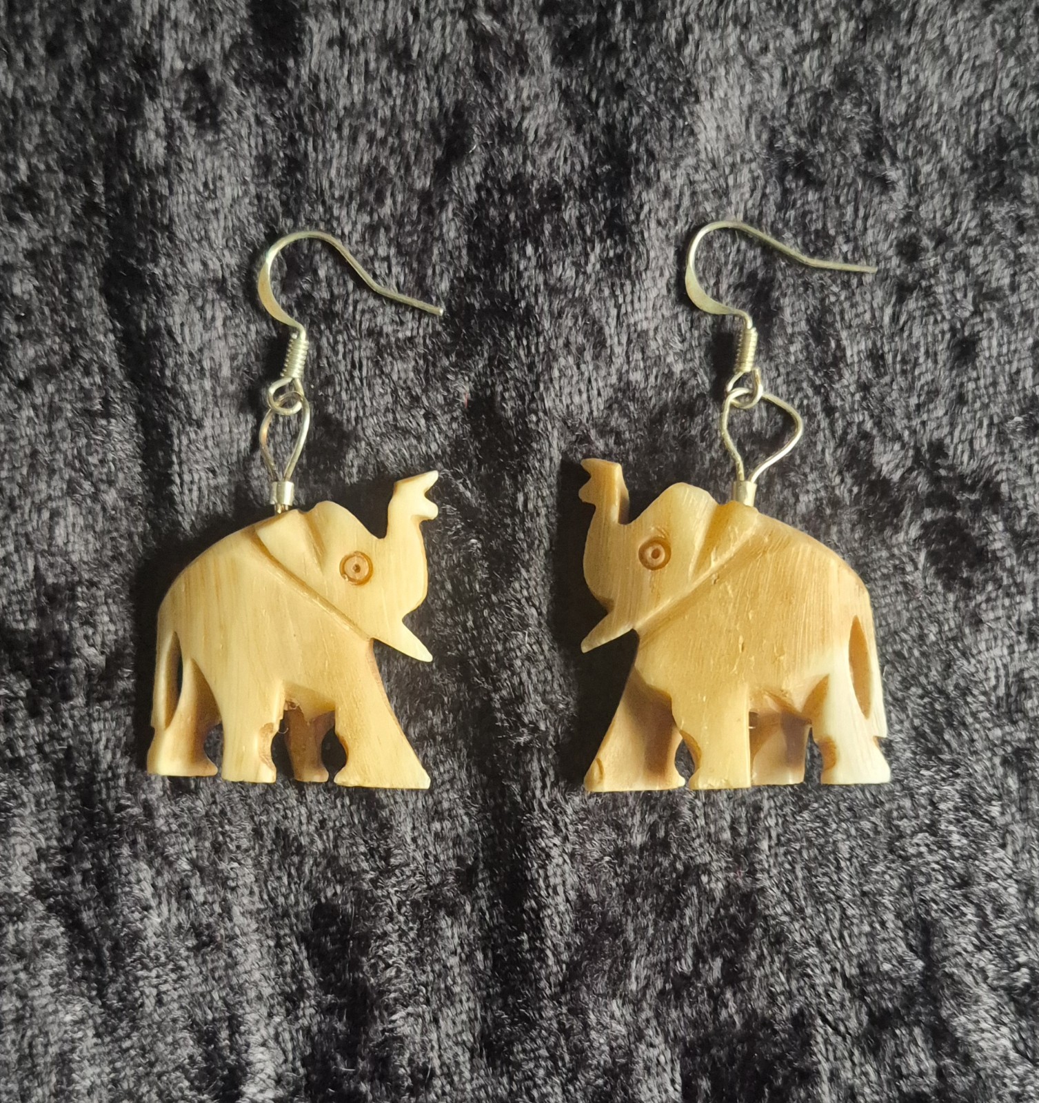 Handcrafted Wood Elephant Dangle Earrings Beige Animal Theme Approx. 1.5 in