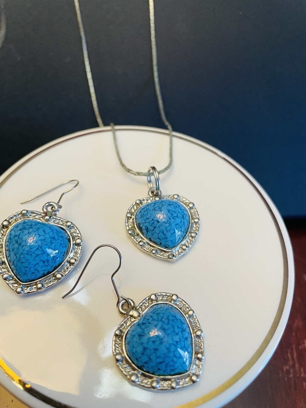 Faux Turquoise Necklace Cabochon + Pierced Earrings in Heart Motif Jewelry Set